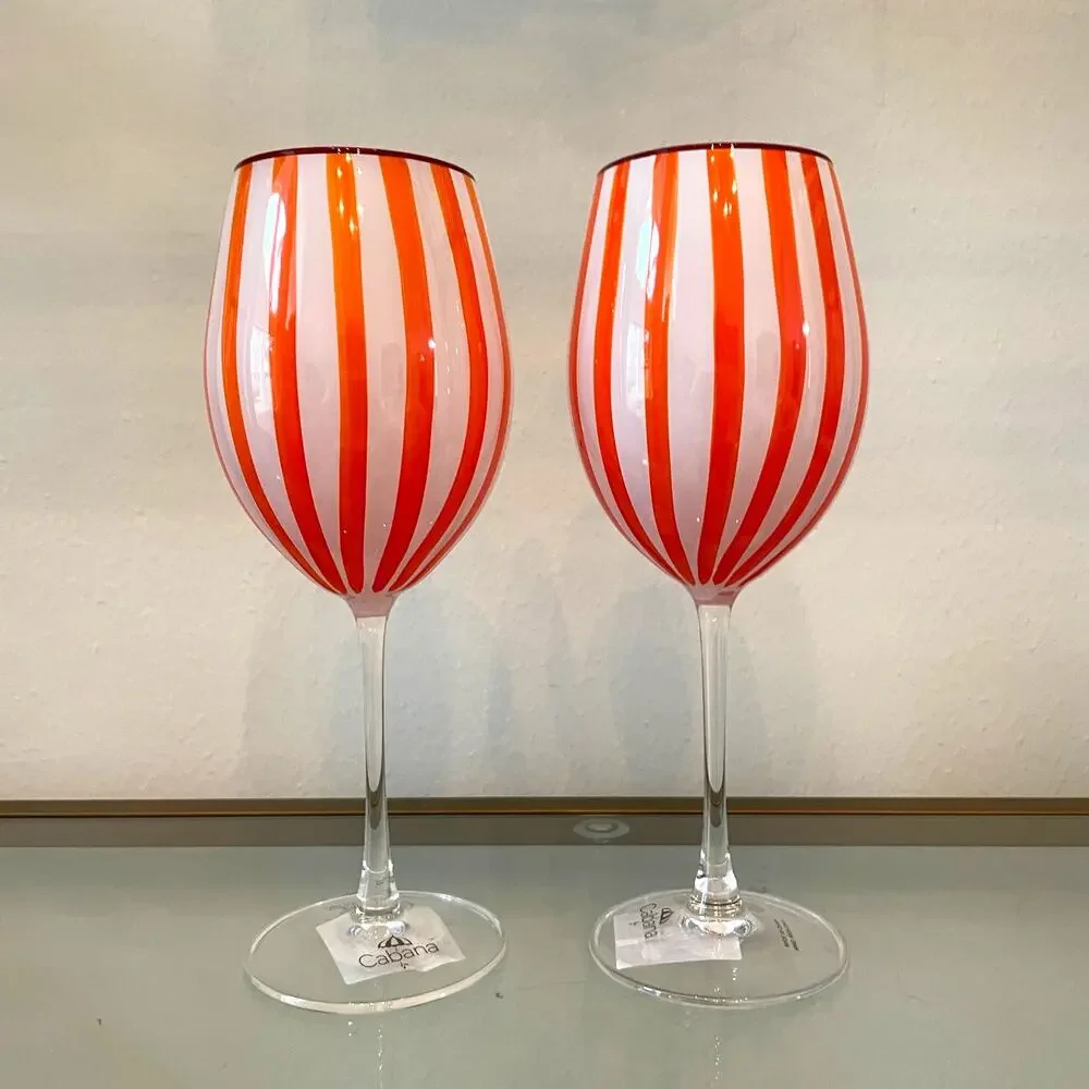 Cabana Orange Striped Wine Goblet Glass Set of 2 Holiday NEW